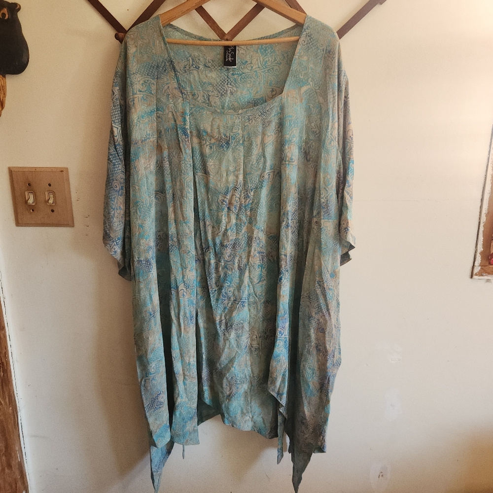 Plus Side Short Sleeve Tunic Beach Cover Floral Blue Gray Asymmetrical Hem 4x